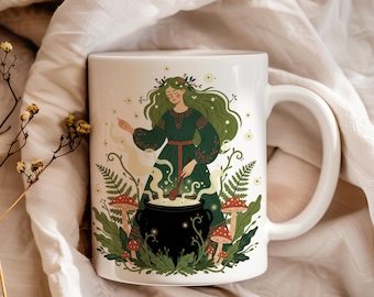 Green Witch Mug, Forest Witch Coffee Cup, Pagan Gift for Her, Cottagecore Aesthetic, Magic Cauldron Art, Kitchen Witch Gift