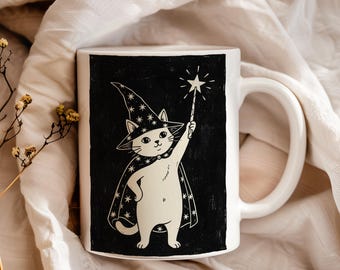 Tazza con gatto mago, tazza da caffè con gatto magico, arte magica e stravagante, regalo per gli amanti dei gatti, regalo fantasy divertente, decorazione da strega