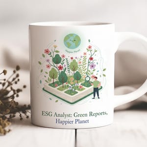 Può includere: Tazza in ceramica bianca con un'illustrazione di un giardino con fiori, alberi e una persona con una lente d'ingrandimento. La tazza ha il testo "ESG Analyst: Green Reports, Happier Planet."