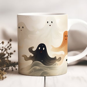 Whimsical Dancing Ghosts Halloween Mug - Spooky Elegance in Neutral Tones - Halloween-Fall-Suprise-Gift  - Cute Cup