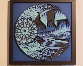 Framed 3D Layered Art, Northern Lights Decor, Moon Decor