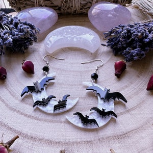 Gothic Bats By Moonlight Earrings, Crescent Moon Earrings, Bat Earrings, Gothic Earrings, Gothic Jewellery, Witchy, Spooky, Halloween