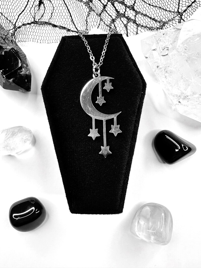Stainless Steel Moon and Stars Necklace, Crescent Moon Necklace, Moon