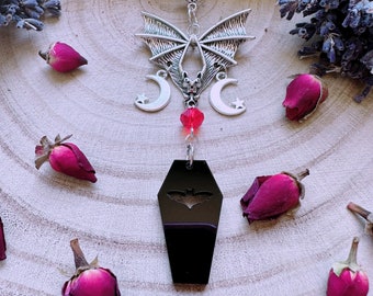 Gothic Bat Coffin Necklace: Silver Filigree, Red Crystal, Spooky Vamp Jewelry