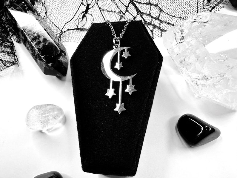 Stainless Steel Moon and Stars Necklace, Crescent Moon Necklace, Moon