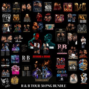 May include: A collection of 50 PNG images featuring R&B tour graphics. The designs include portraits of artists, tour logos, and text elements like "R&B Tour" and artist names. The color palette includes gold, black, and shades of blue.