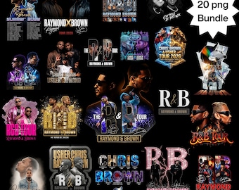 May include: A collection of 20 PNG graphics featuring various designs related to the R&B Tour, Raymond Brown, and Chris Brown. The designs include tour dates, artist portraits, and stylized text elements.