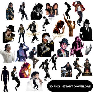 Op de afbeelding: Een verzameling van 30 PNG instant download afbeeldingen met verschillende poses en portretten van een beroemde zanger. De afbeeldingen tonen de zanger in verschillende outfits, waaronder jassen, hoeden en pakken. De afbeeldingen zijn in verschillende kleuren, waaronder zwart, wit en goud.