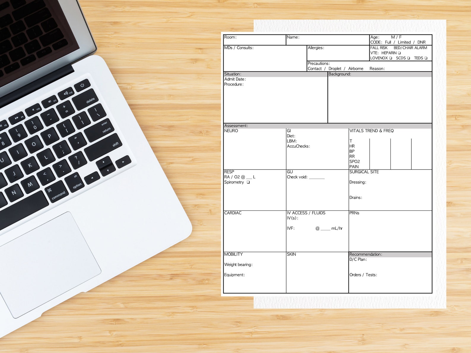 Ortho Nurse Report Sheet SBAR Patient Handoff Printable Template PDF