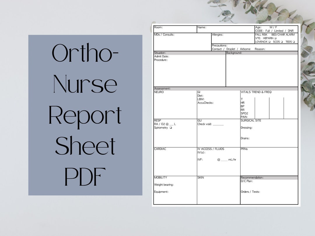 Ortho Nurse Report Sheet SBAR Patient Handoff Printable Template PDF Brain Sheet RN New Grad Etsy