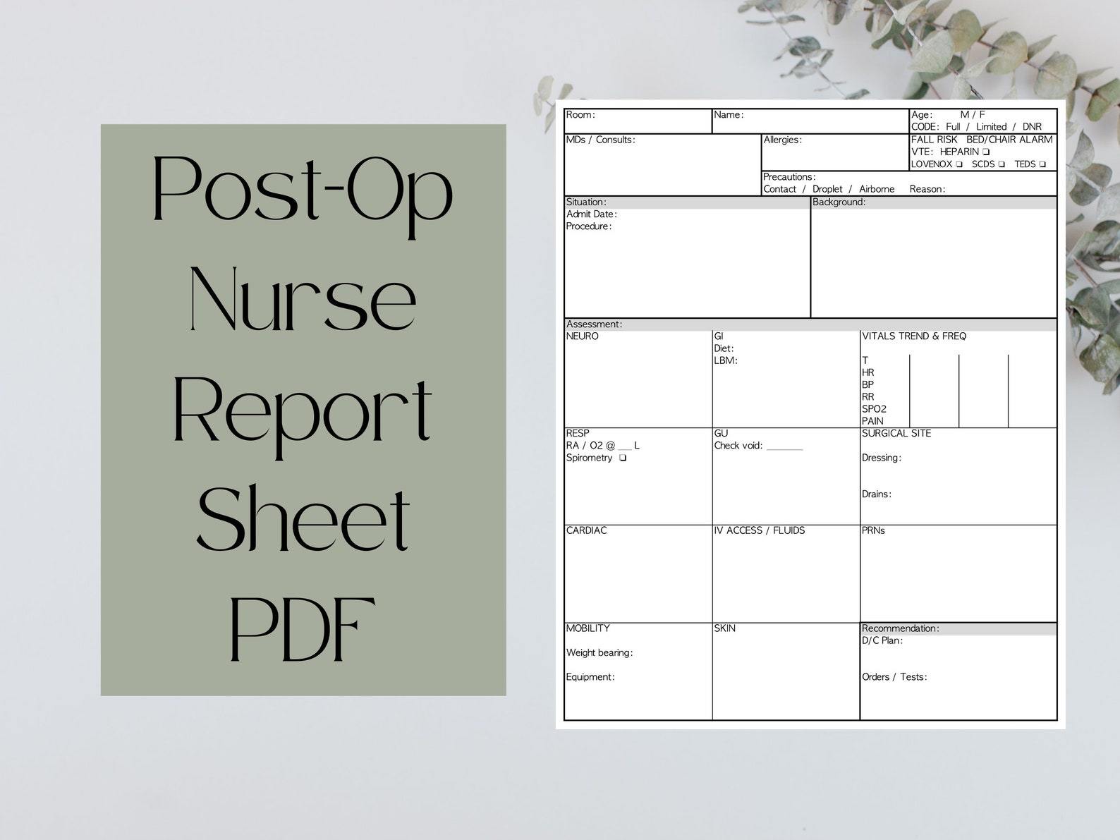 Post Op Nurse Report Sheet • SBAR • Patient Handoff • Printable ...