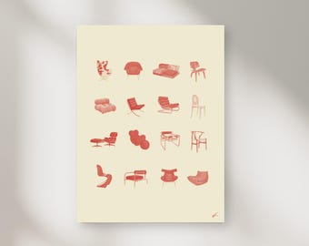 Iconic Chairs, Interior Design Poster, Chair Illustrations, Famous Chair Print