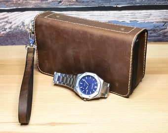 Organizador de cuero para hombre, clutch de hombre marrón, bolso de cuero, billetera marrón personalizada, regalo para él.