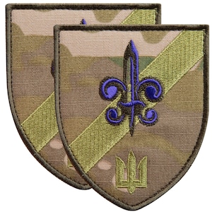 Puede incluir: Dos parches bordados con un patrón de camuflaje. Cada parche presenta un diseño de flor de lis azul, una franja diagonal verde y un símbolo de tridente verde. Los parches tienen forma de escudo con un borde verde oscuro.