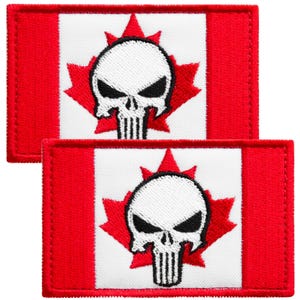 May include: Two rectangular embroidered patches featuring a red and white Canadian flag design. Centered on each patch is a white skull with black outlines and details, superimposed over a red maple leaf graphic on the white background.