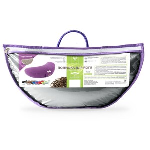 May include: A purple yoga pillow in a clear plastic bag with a purple handle. The pillow is crescent-shaped and has a small tag. The bag also contains a product information card and a color chart of available pillows.