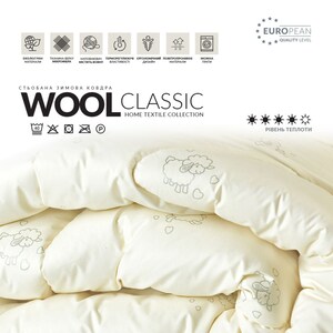 Puede incluir: Manta de lana acolchada de color crema con un dise&ntilde;o de ovejas. La manta presenta el texto "WOOL CLASSIC HOME TEXTILE COLLECTION". La imagen tambi&eacute;n incluye iconos que indican las propiedades del material y las instrucciones de cuidado.