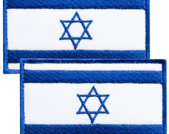 May include: Two embroidered patches featuring the flag of Israel. Each patch has a white background with a blue Star of David in the center and two horizontal blue stripes. The patches are rectangular with a blue border.