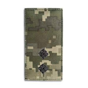 Könnte beinhalten: Rechteckiger Militärpatch mit einem pixeligen Tarnmuster in Grün-, Braun- und Grautönen. Zwei schwarze, gestickte rautenförmige Abzeichen sind mittig auf dem Patch angebracht. Der Patch hat einen genähten Rand.