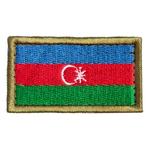 May include: Embroidered patch featuring the flag of Azerbaijan. The rectangular patch has horizontal stripes of blue, red, and green, with a white crescent and eight-pointed star on the red stripe. The border is a gold color.