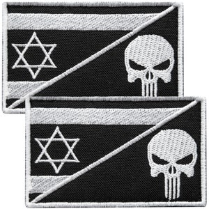 May include: Two black and white embroidered patches. Each patch features a white Star of David, a white skull, and a white diagonal stripe on a black background. The patches have a rectangular shape with a white border.