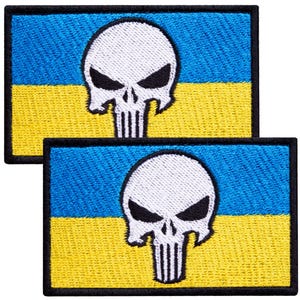 Ukraine Flag Skull Patch Set, 2 pcs Embroidered Ukrainian Flag Tactical Morale Patches, Hook and Loop Backing, 2x3 in