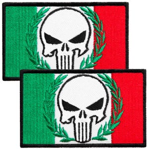 May include: Two rectangular embroidered patches featuring a vertical tricolor background of green, white, and red. Centered on the white section is a white skull with black eye sockets and nose, surrounded by a green embroidered laurel wreath.