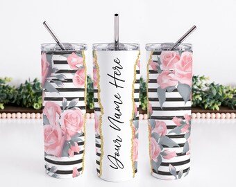 Pink Floral Stripe Personalized Insulated 20oz. Tumbler