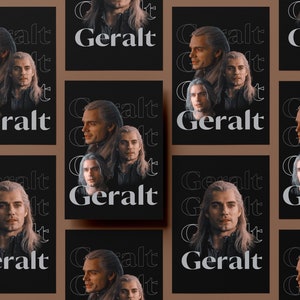 May include: A collage of nine black square images with the word "Geralt" repeated in white text on each image. The images feature a man with long white hair and a beard, with different angles of his face.