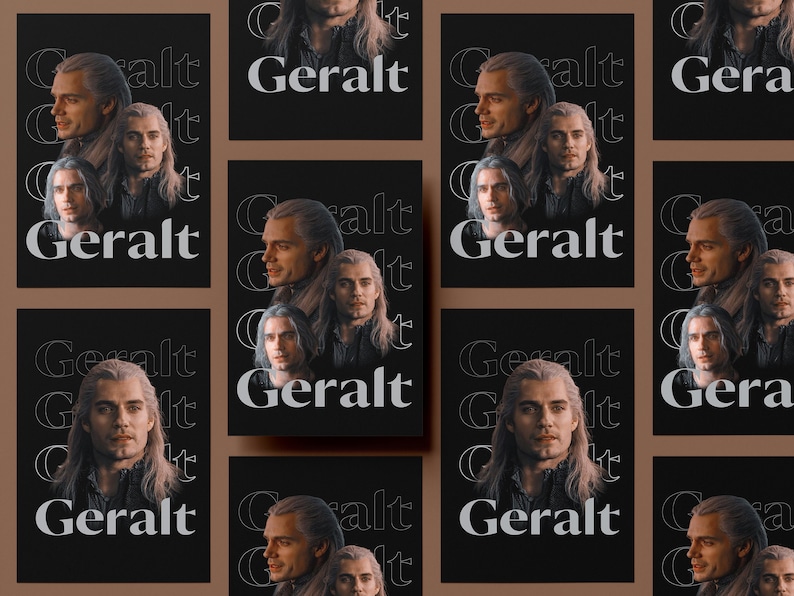 May include: A collage of nine black square images with the word "Geralt" repeated in white text on each image. The images feature a man with long white hair and a beard, with different angles of his face.