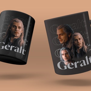 May include: Black ceramic mug with a white graphic of a man with long hair and a beard. The graphic is repeated multiple times and the word "Geralt" is printed in white at the bottom of the mug.