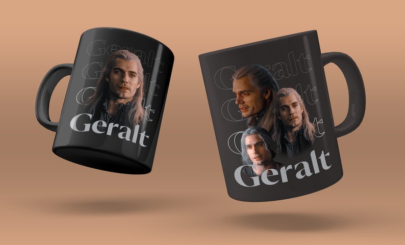 May include: Black ceramic mug with a white graphic of a man with long hair and a beard. The graphic is repeated multiple times and the word "Geralt" is printed in white at the bottom of the mug.