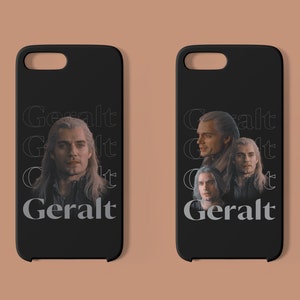 May include: Two black phone cases with a graphic of Geralt of Rivia from The Witcher. The image is repeated multiple times on each case.