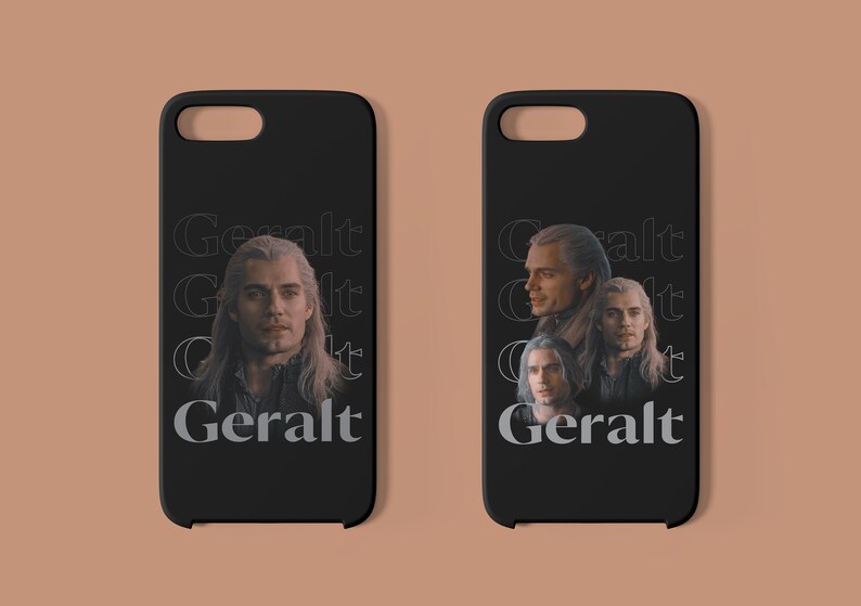 May include: Two black phone cases with a graphic of Geralt of Rivia from The Witcher. The image is repeated multiple times on each case.