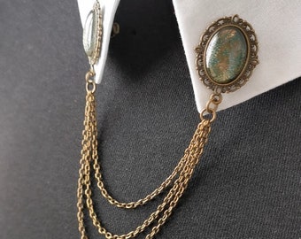 Pin collar brooches, bronze metal chains, collar chain pins for shirts with oval glass cabochons in “Celtic” shade