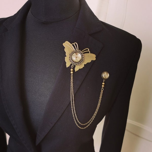 superbe broche papillon en métal doré et émail vintage