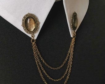 Collar pin brooches with bronze metal chains, collar chain pins for shirts with oval cabochons "rusty effect bronze"