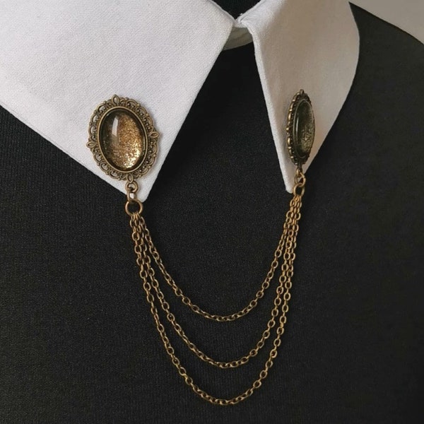 Collar pin brooches with bronze metal chains, collar chain pins for shirts with oval cabochons "rusty effect bronze"