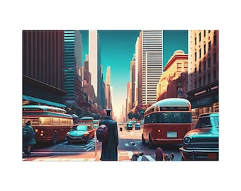May include: A man in a black coat and hat walks down a city street with tall buildings on either side. There are red and white buses and cars in the street. The sky is blue and the sun is shining.