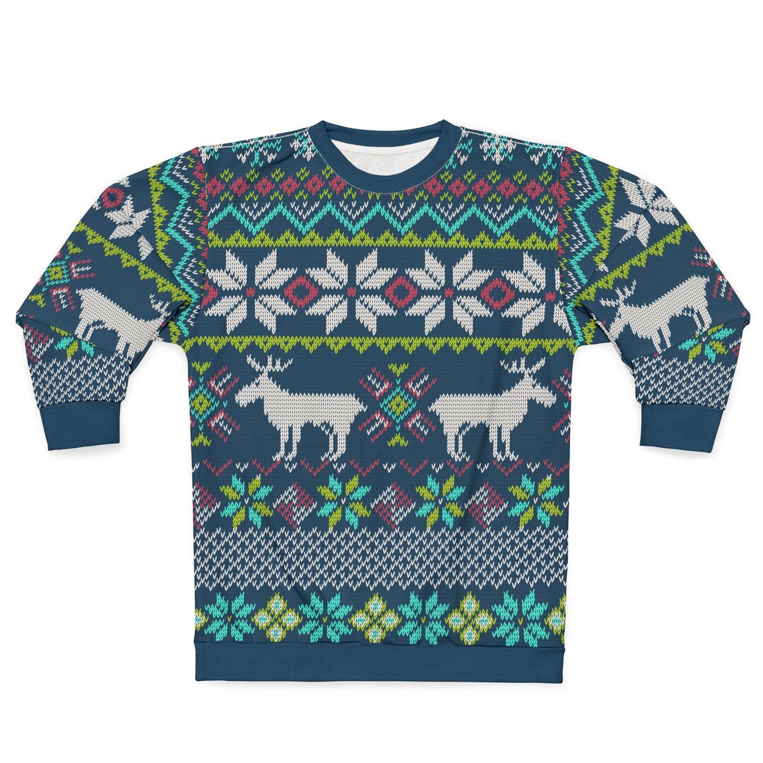 Winter Wear Snowflake Reindeer Mock Neck Long Sleeve Blue Sweater - Ships in 24 Hrs