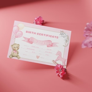 Bearbeitbare Geburtsurkunde, Babyzertifikat, Andenken, bearbeitbare Canva-Vorlage, digitaler Download, niedliches Rosa