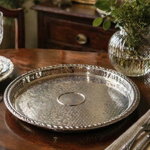 Vintage WM Rogers Spring Flowers Silver Plated Tray, Round Gallery Serving Tray, Ornate Engraved Silverplate Platter