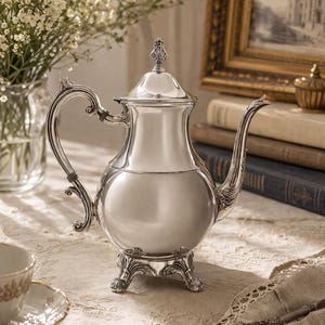Tetera antigua bañada en plata F.B. Rogers 1883, cafetera ornamentada, tetera de estilo antiguo, vajilla victoriana de plata, elegante decoración para el hogar.