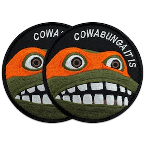 2 stuks Cowabunga It Is-patch geborduurde grappige moraalpatch voor tactische rugzak, harnas hondenvest, tactisch vest, helm, airsoft