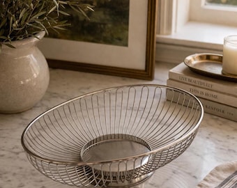 Vintage Metal Fruit Bowl, Mid Century Modern Wire Basket, Silver Decorative Centerpiece, Kitchen Fruit Holder, Minimalist Home Decor