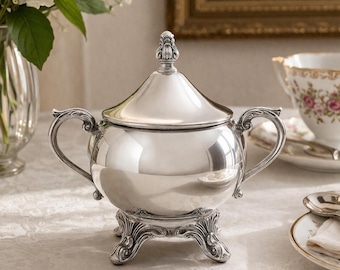Vintage Silver Plated Sugar Bowl with Lid F.B. Rogers 1883, Antique Sugar Dish with Handles, Classic Tea Set Serveware
