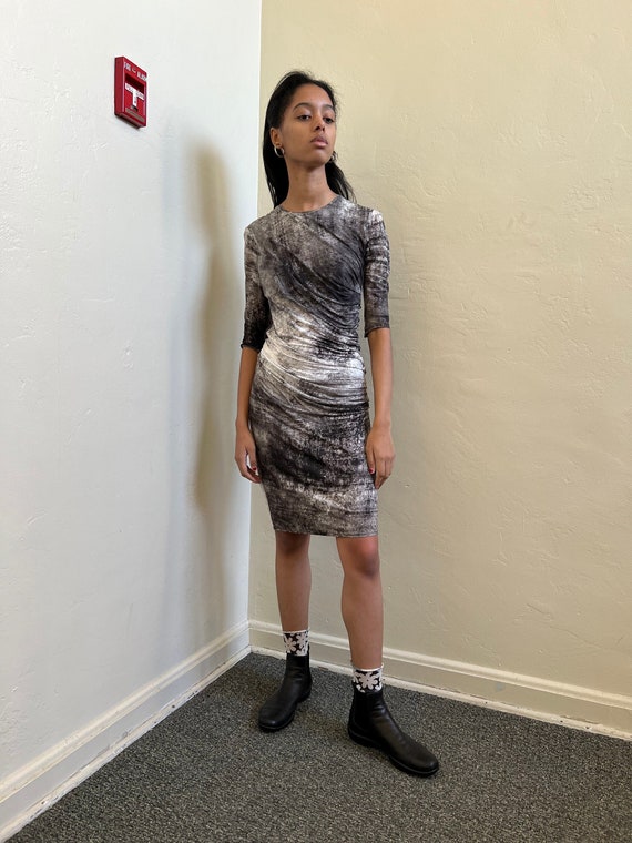 2000s Helmut Lang ruched graphic print dress