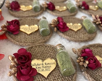 Handmade 10x Burlap Wedding Favors - Personalized Henna Night Magnets with Flowers - Rustic Bridal Party Gifts for Guests