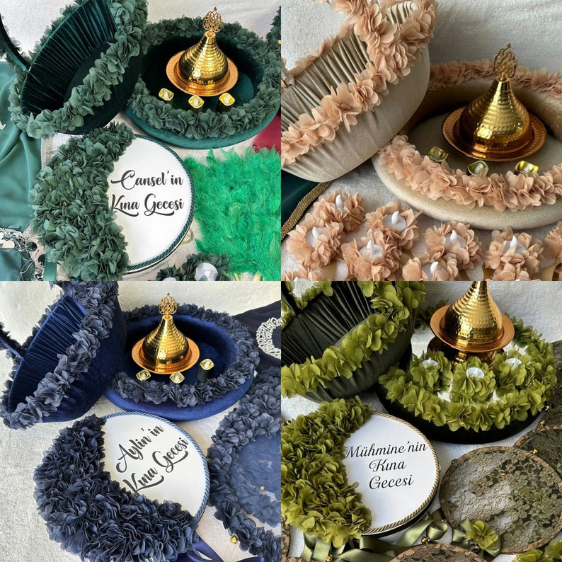 May include: Four different variations of a traditional Turkish henna night tray set. Each set includes a velvet box, a decorative tray with a gold-colored lid, and a round white plate with embroidered text. The text on the plates reads "Cansel'in Kina Gecesi", "Aylin'in Kina Gecesi", "Mahmine'nin Kina Gecesi", and "[Unclear Text] Kina Gecesi". The trays are decorated with fabric flowers in shades of green, beige, and blue.