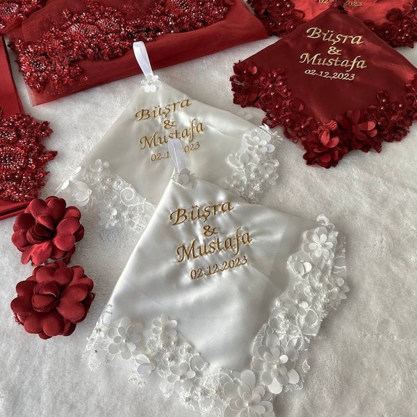Special Guipure Satin Bridal Handkerchief - Besonderes Guipure Satin Braut Handtuch - Özel Gipürlü Saten Gelin Mendili